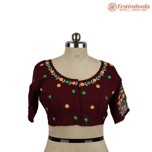 Handmade Ethnic Kantha Embroidered Brown Color Blouse Design For Sarees by Festivalwala