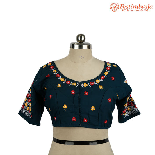 Handmade Ethnic Kantha Emroidered Dark Blue Color Blouse Design For Sarees by Festivalwala