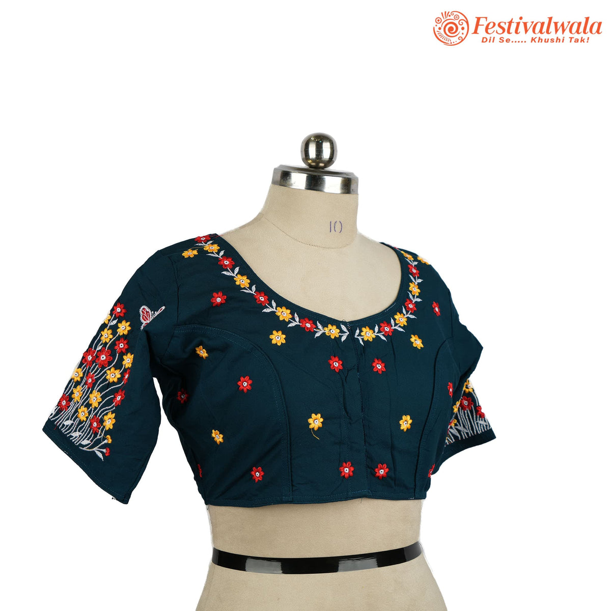 Handmade Ethnic Kantha Emroidered Dark Blue Color Blouse Design For Sarees by Festivalwala