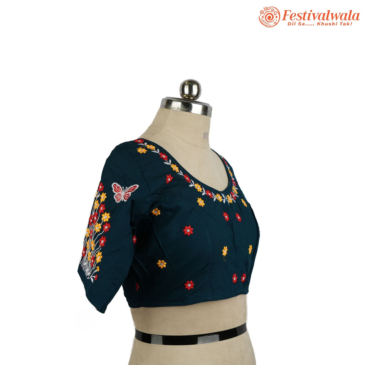 Handmade Ethnic Kantha Emroidered Dark Blue Color Blouse Design For Sarees by Festivalwala