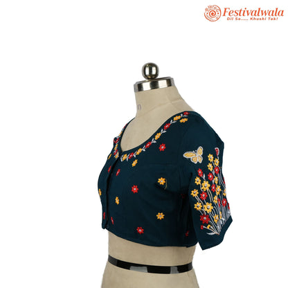 Handmade Ethnic Kantha Emroidered Dark Blue Color Blouse Design For Sarees by Festivalwala